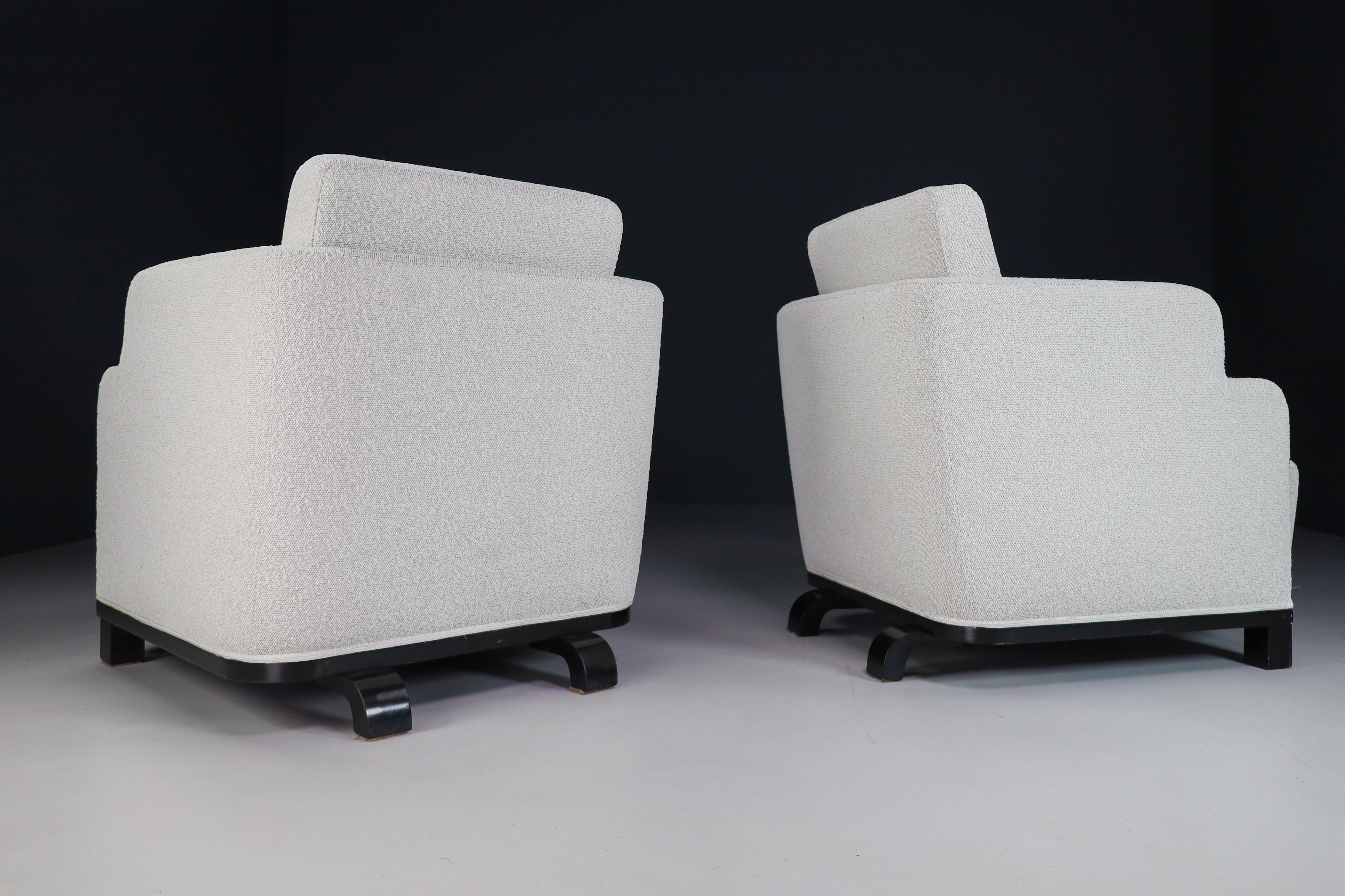 French Art Deco Armchairs with Black Wood & Reupholstered in Bouclé Fabric France '30s For Sale