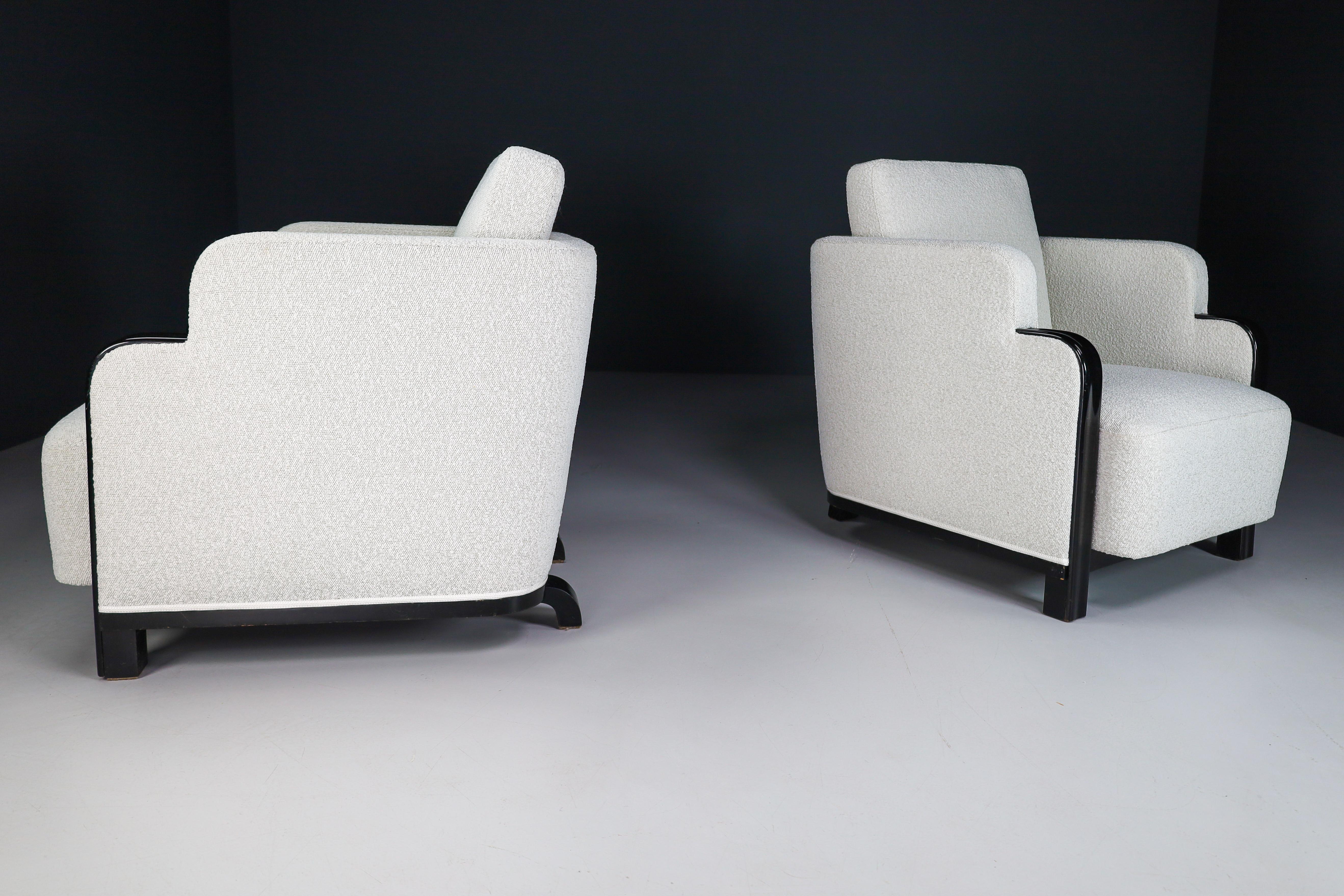 Art Deco Armchairs with Black Wood & Reupholstered in Bouclé Fabric France '30s In Good Condition For Sale In Almelo, NL
