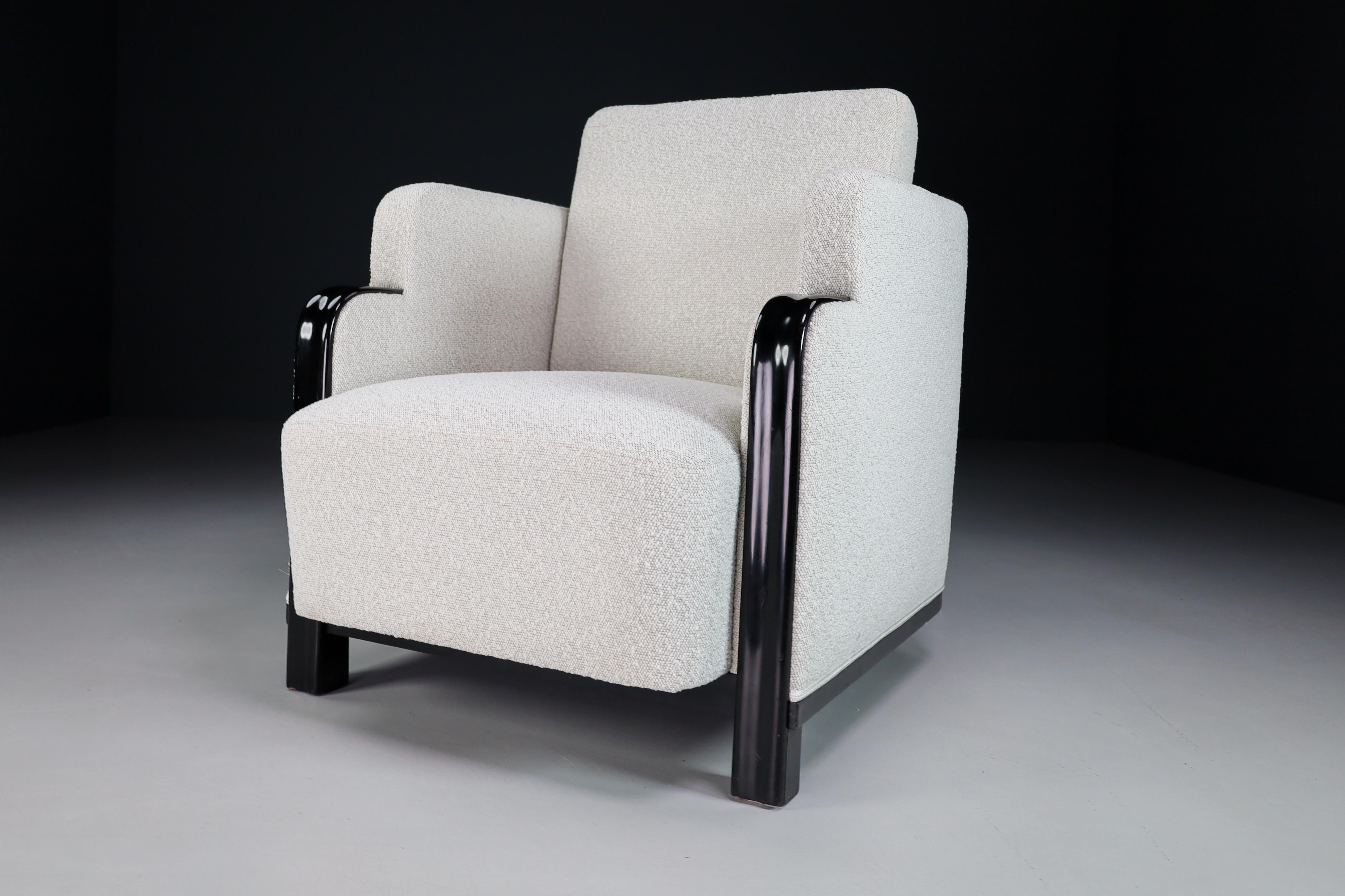 Art Deco Armchairs with Black Wood & Reupholstered in Bouclé Fabric France '30s For Sale 1