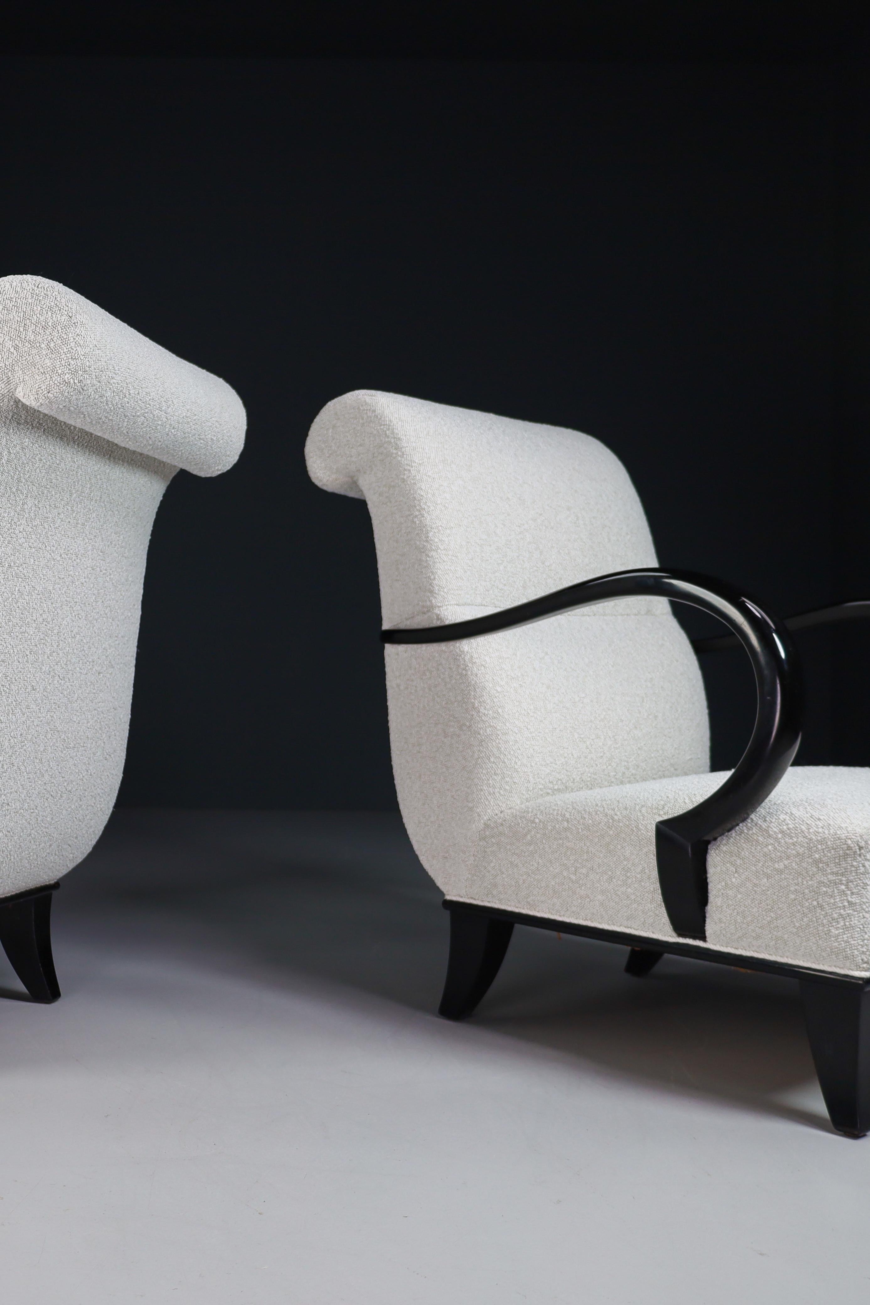 Art-Deco Armchairs with Black Wood & Reupholstered in Bouclé Fabric, Vienna 20s 4