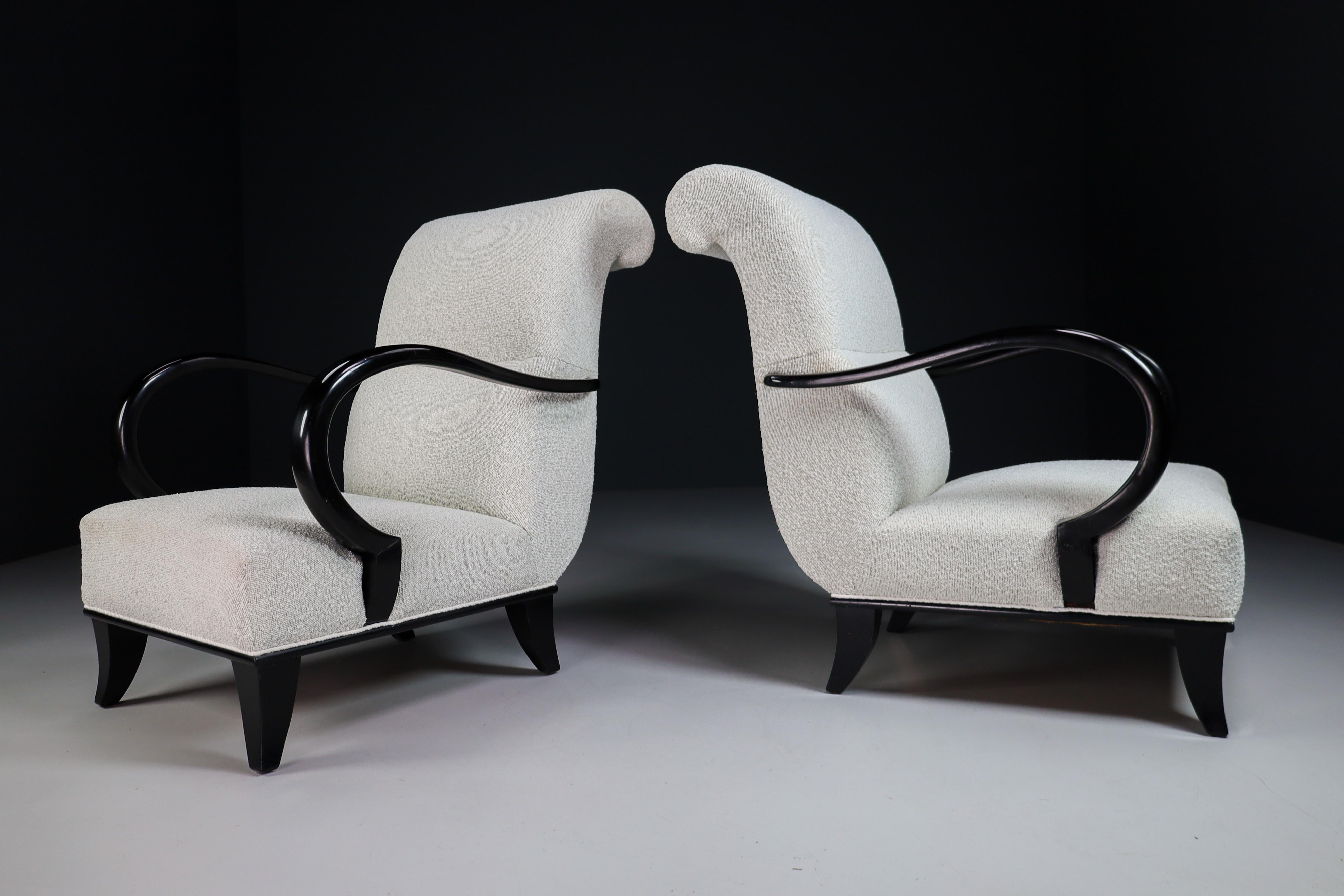 Art Deco Art-Deco Armchairs with Black Wood & Reupholstered in Bouclé Fabric, Vienna 20s