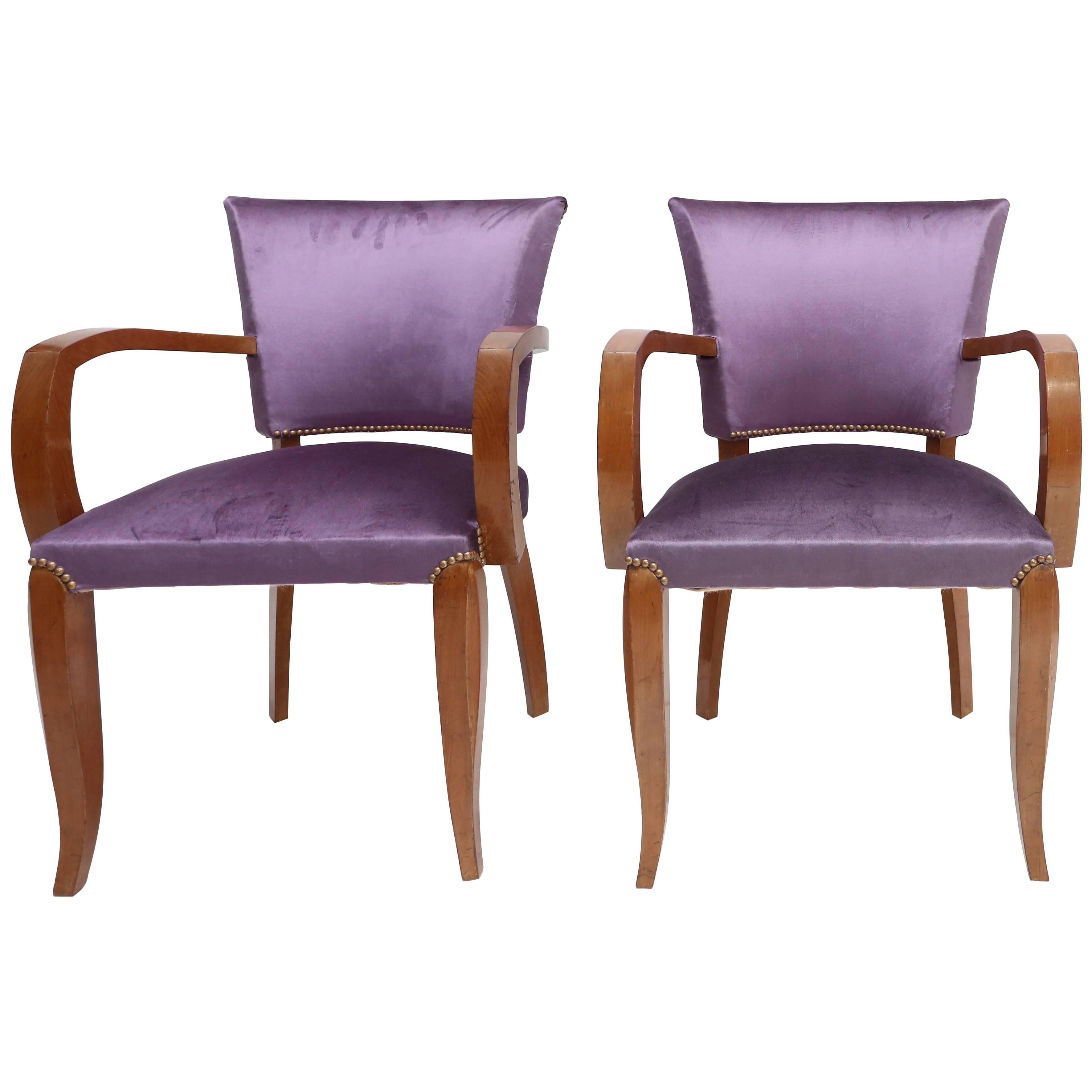 Art Deco armchairs, style Jules Leleu, France, 1940s
A solid mahogany frame and lilac velvet upholstery make these a perfect set to be used at a desk or as corner table chairs
would fit well in a Jean-Charles Moreux, Ruhlmann, Arbus or Jean Royere