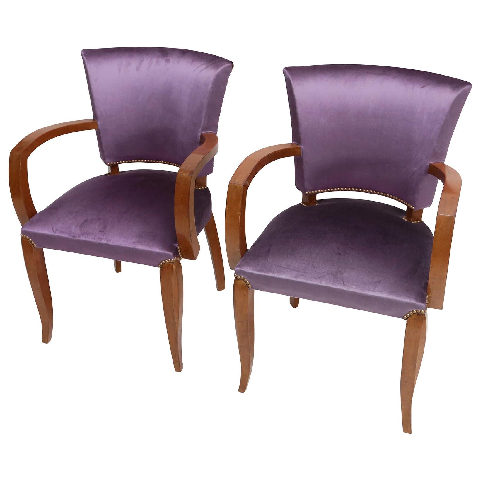 Art Deco Armchairs with Purple Velvet Upholstery