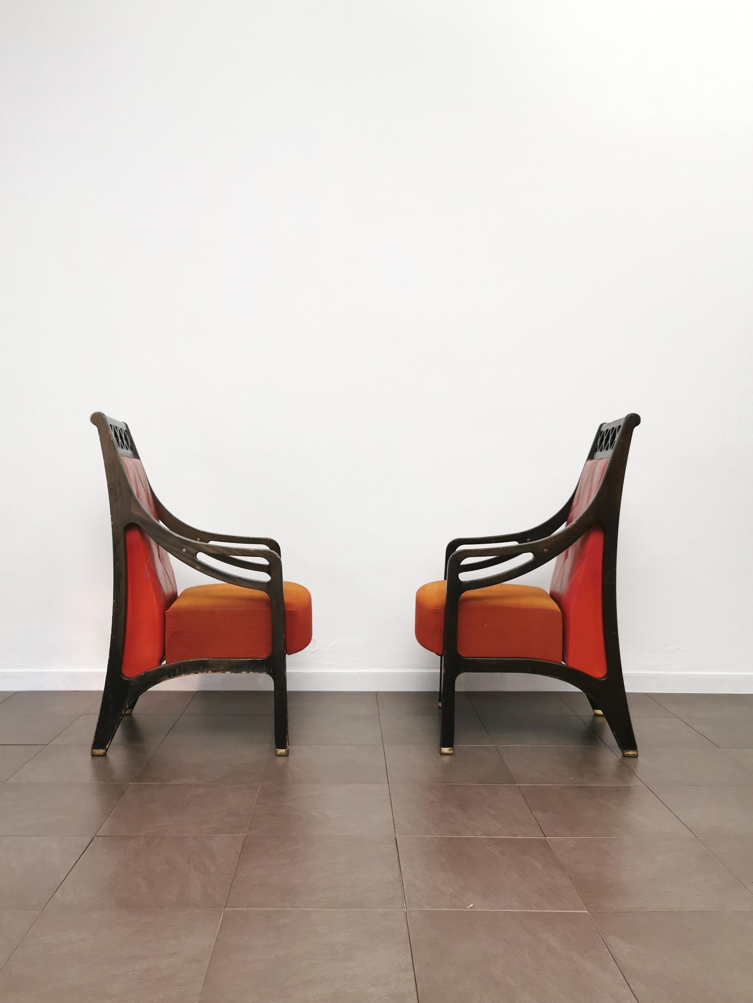 Mid-20th Century Art Deco Armchairs Wood Velvet Red Leather Brass Italian Design 1930s Set of 2 For Sale