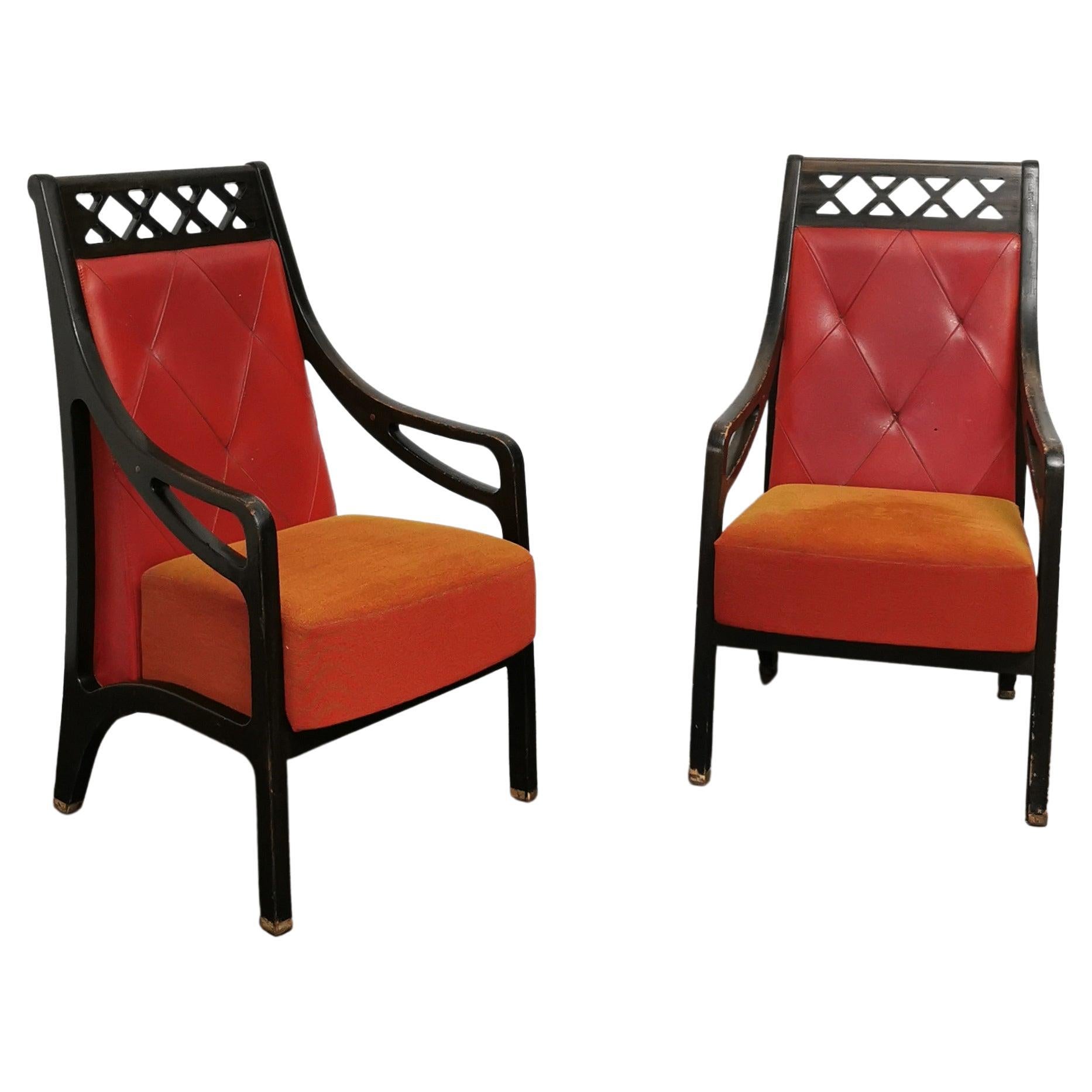 Art Deco Armchairs Wood Velvet Red Leather Brass Italian Design 1930s Set of 2 In Fair Condition For Sale In Palermo, IT