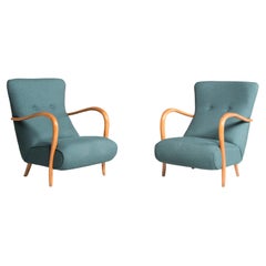 Art Deco Armchairs Wooden Armrests and Teal Color Upholstery Set of Two