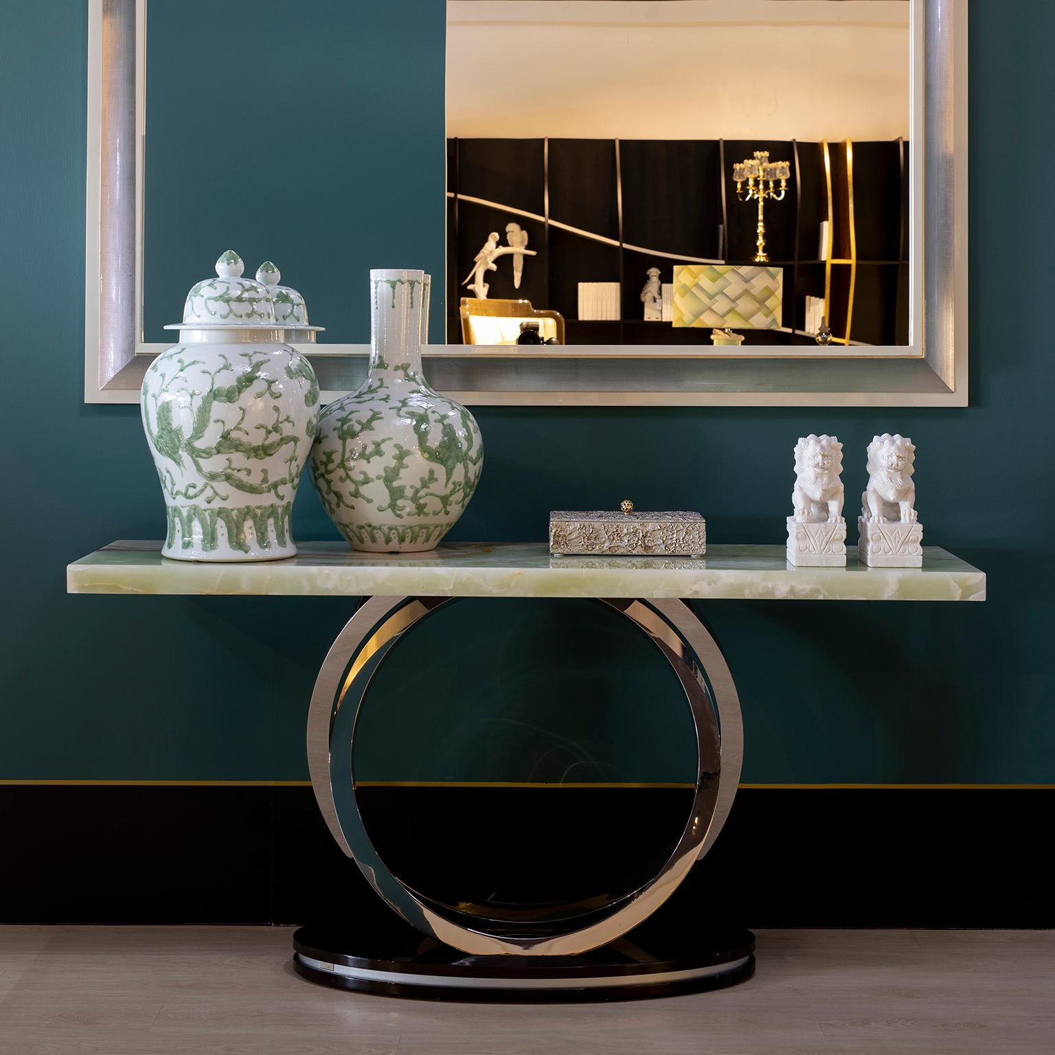 Table console Armilar Art Déco, Miel Onyx, laiton brossé, fabriquée à la main par Greenapple en vente 6