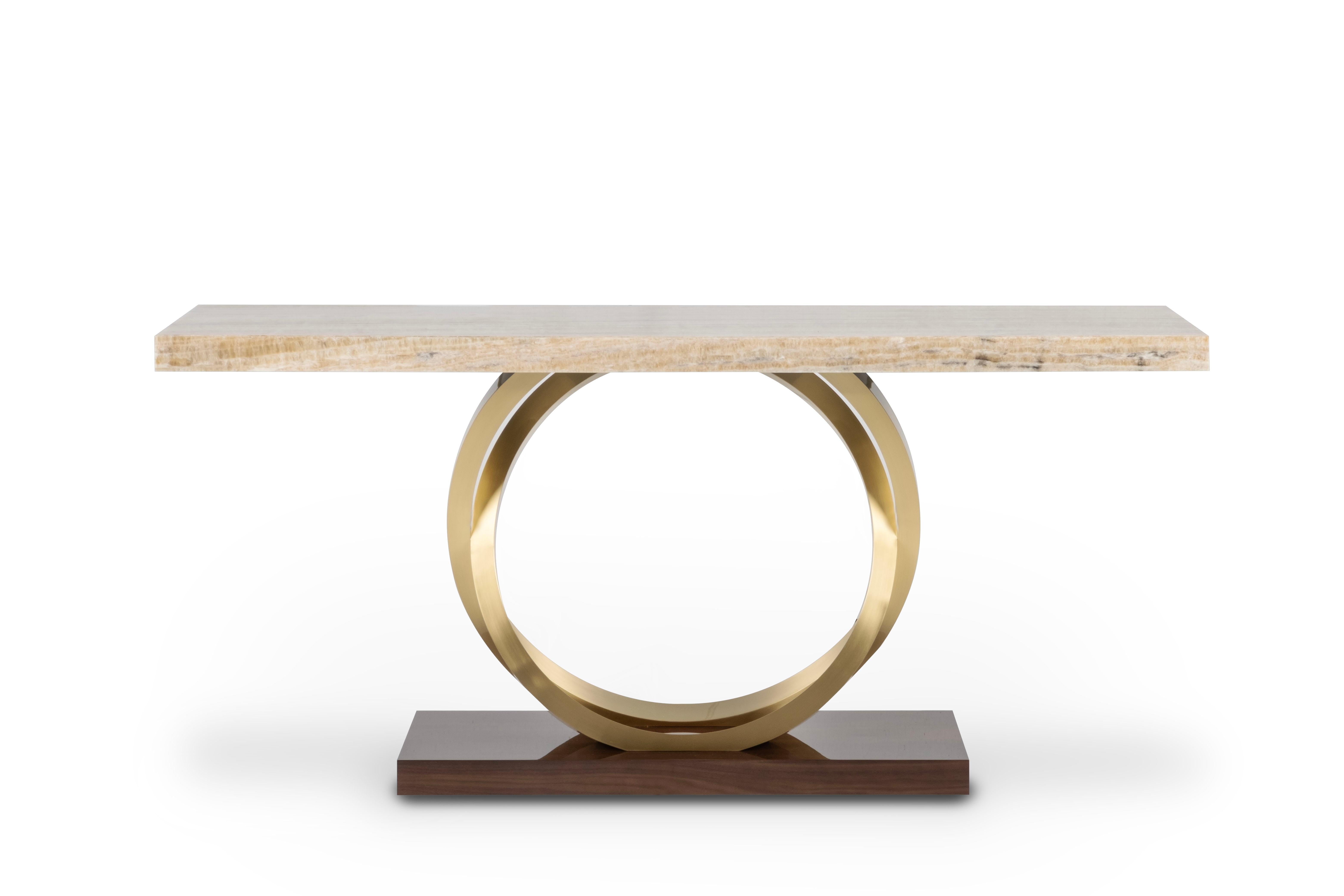 Art Deco Armilar Console Table, Miel Onyx, Brushed Brass, Handmade by Greenapple In New Condition For Sale In Lisboa, PT