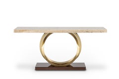 Tavolo consolle Art Deco Armilar, Miel Onyx, Ottone spazzolato, fatto a mano da Greenapple