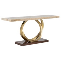 Tavolo consolle Art Deco Armilar, Miel Onyx, Ottone spazzolato, fatto a mano da Greenapple