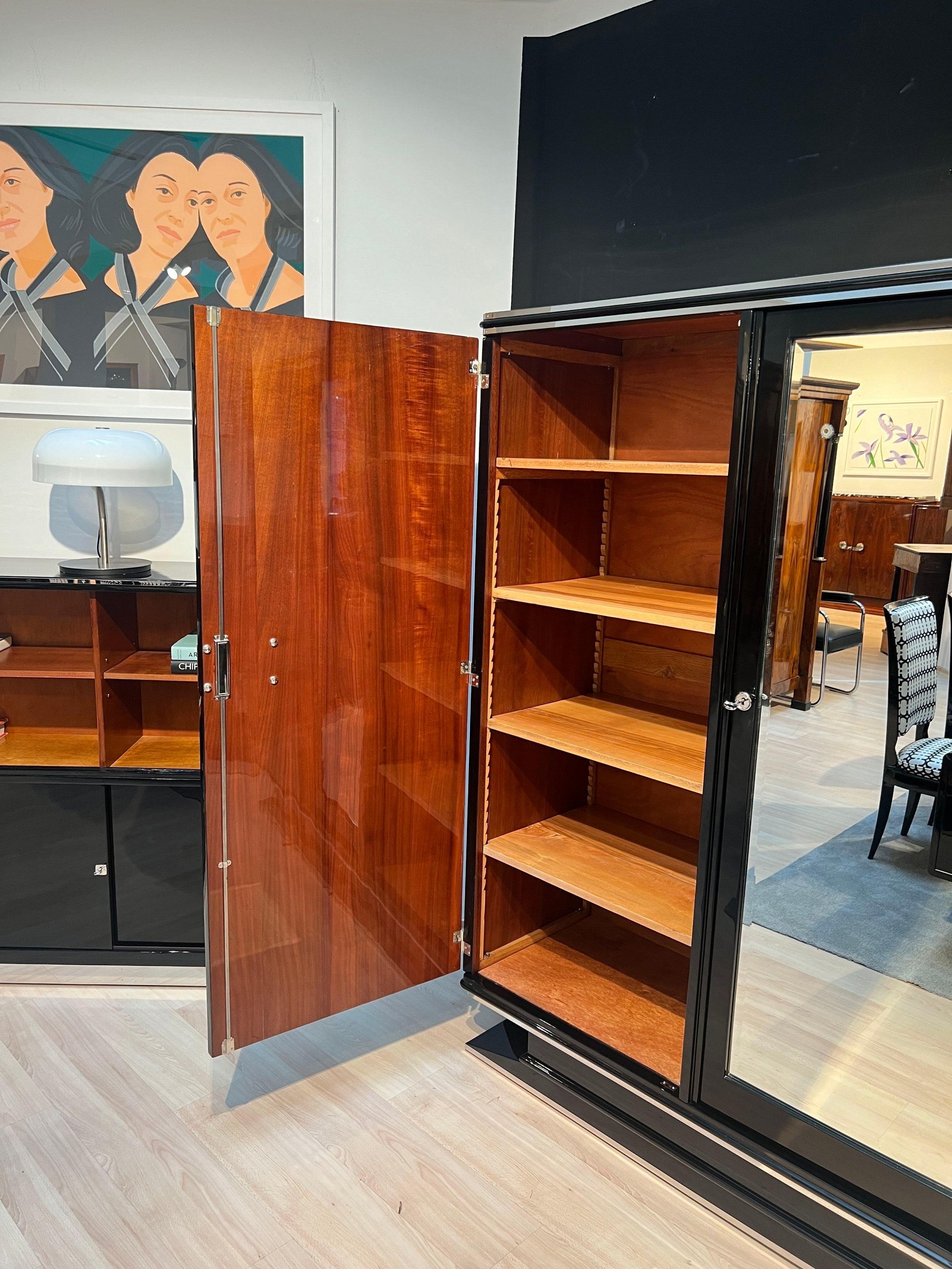 Art Deco Armoire, Black Lacquer, Mahogany, Mirror, Chrome, France circa 1930 For Sale 7