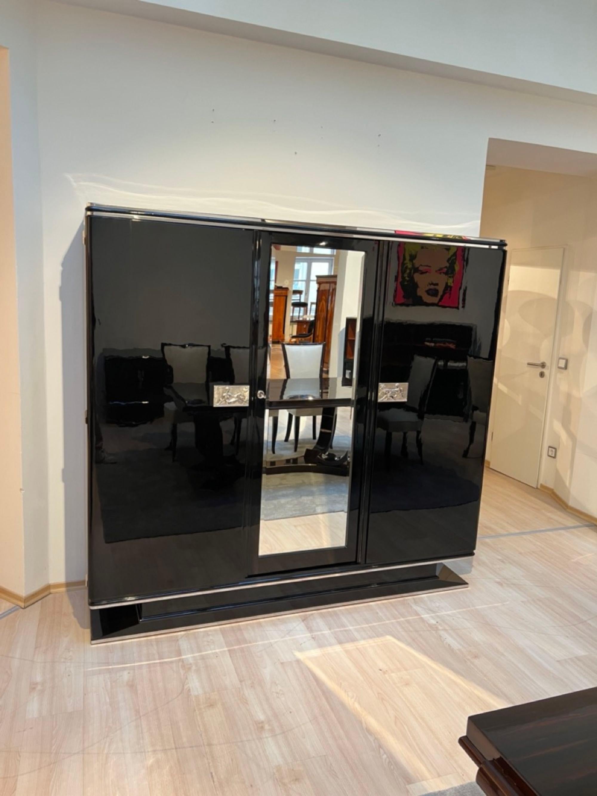 Art Deco Armoire, Black Lacquer, Mahogany, Mirror, Chrome, France circa 1930 For Sale 3