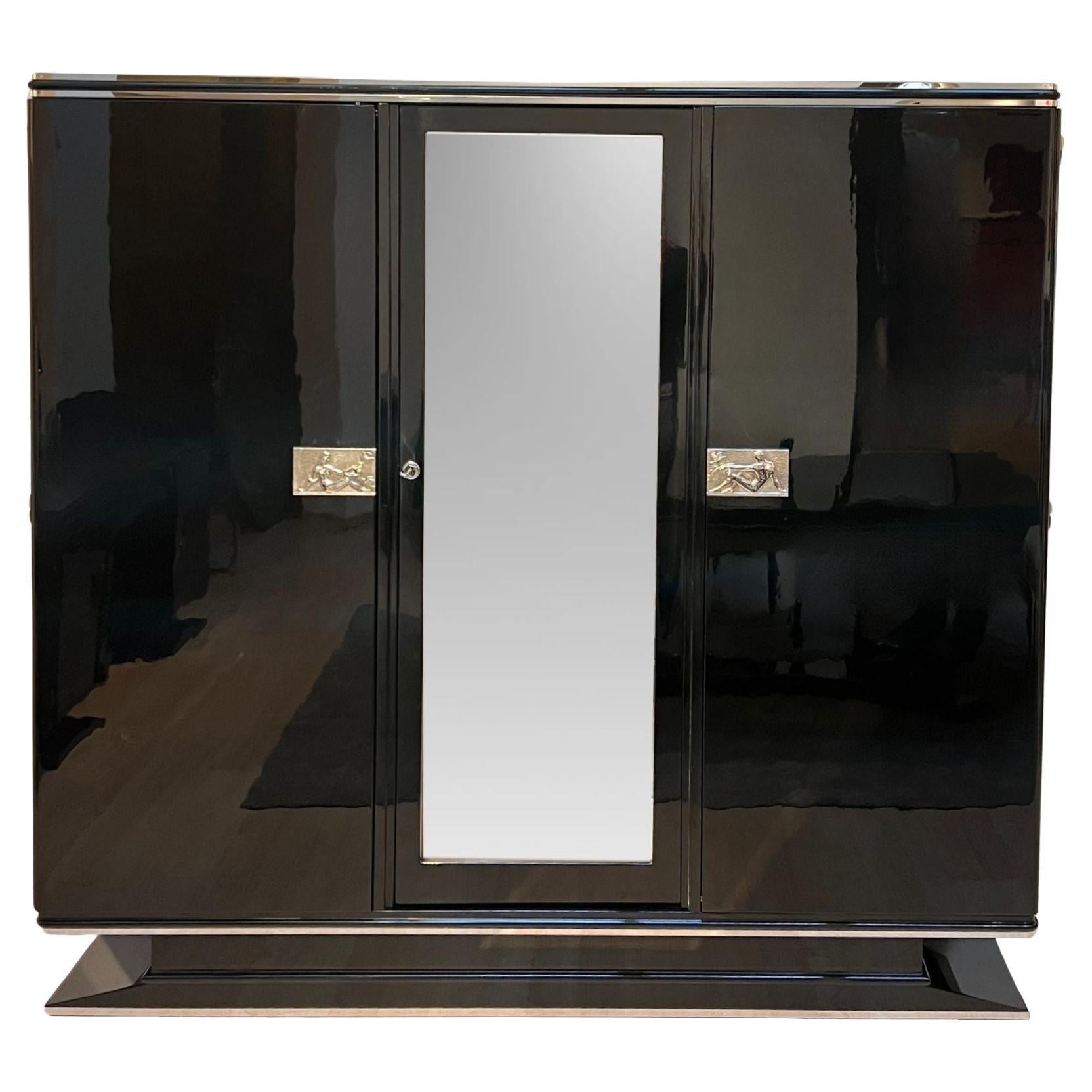 Art Deco Armoire, Black Lacquer, Mahogany, Mirror, Chrome, France circa 1930