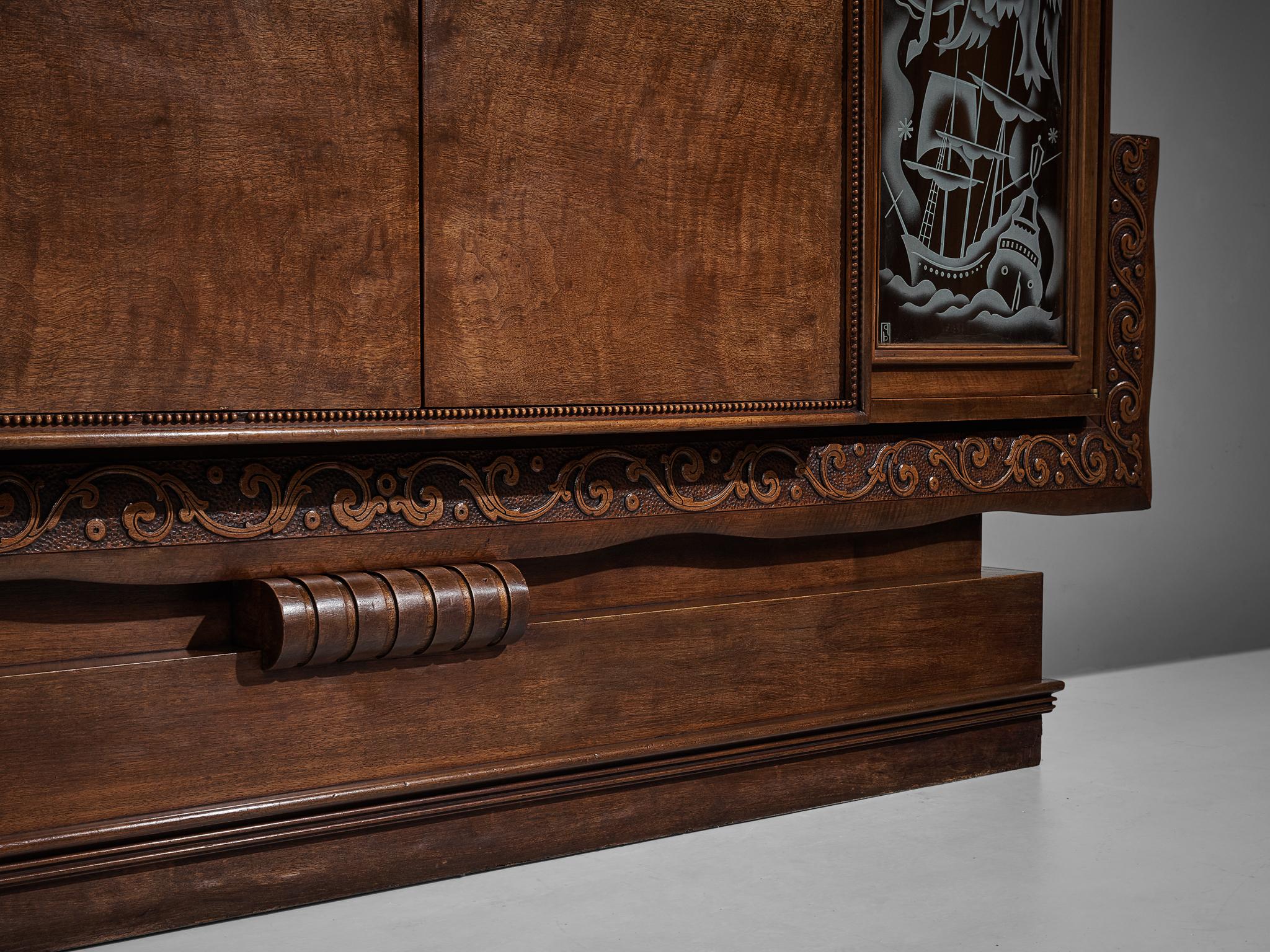 Art Deco Armoire with Decorative Illustrations by Artisan Maker For
