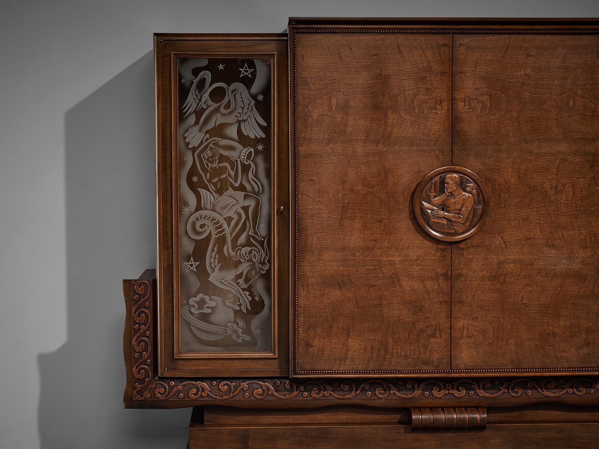 Mid-20th Century Art Deco Armoire with Decorative Illustrations by Artisan Maker  For Sale