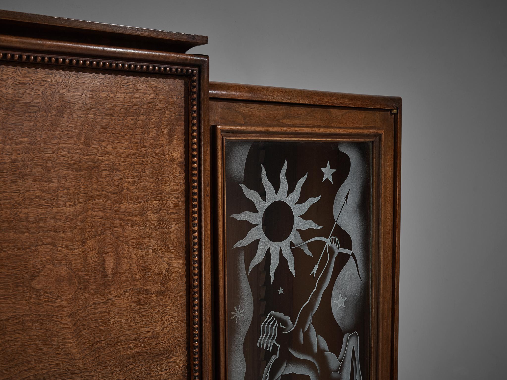 Glass Art Deco Armoire with Decorative Illustrations by Artisan Maker  For Sale