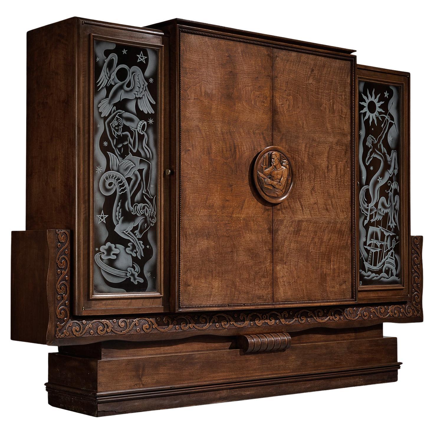 Art Deco Armoire with Decorative Illustrations by Artisan Maker  For Sale