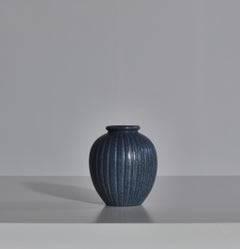 Art Deco Arne Bang Fluted Blue Stoneware Vase from Own Studio, 1930s