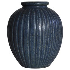 Art Deco Arne Bang Fluted Blue Stoneware Vase from Own Studio, 1930s