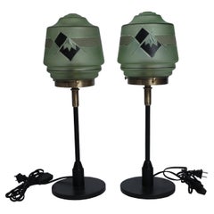 Art Deco Art Glass Shade Table Lamps on Brass Stems