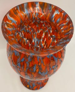 Art Deco Style Red and Blue Mottled Art Glass Vase, Hand-Blown