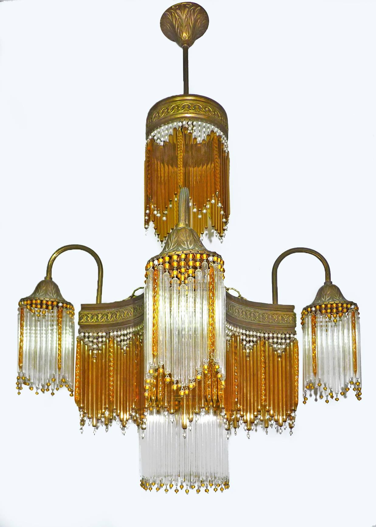 French Art Deco & Art Nouveau Amber & Clear Beaded Crystal Glass Fringe Gilt Chandelier