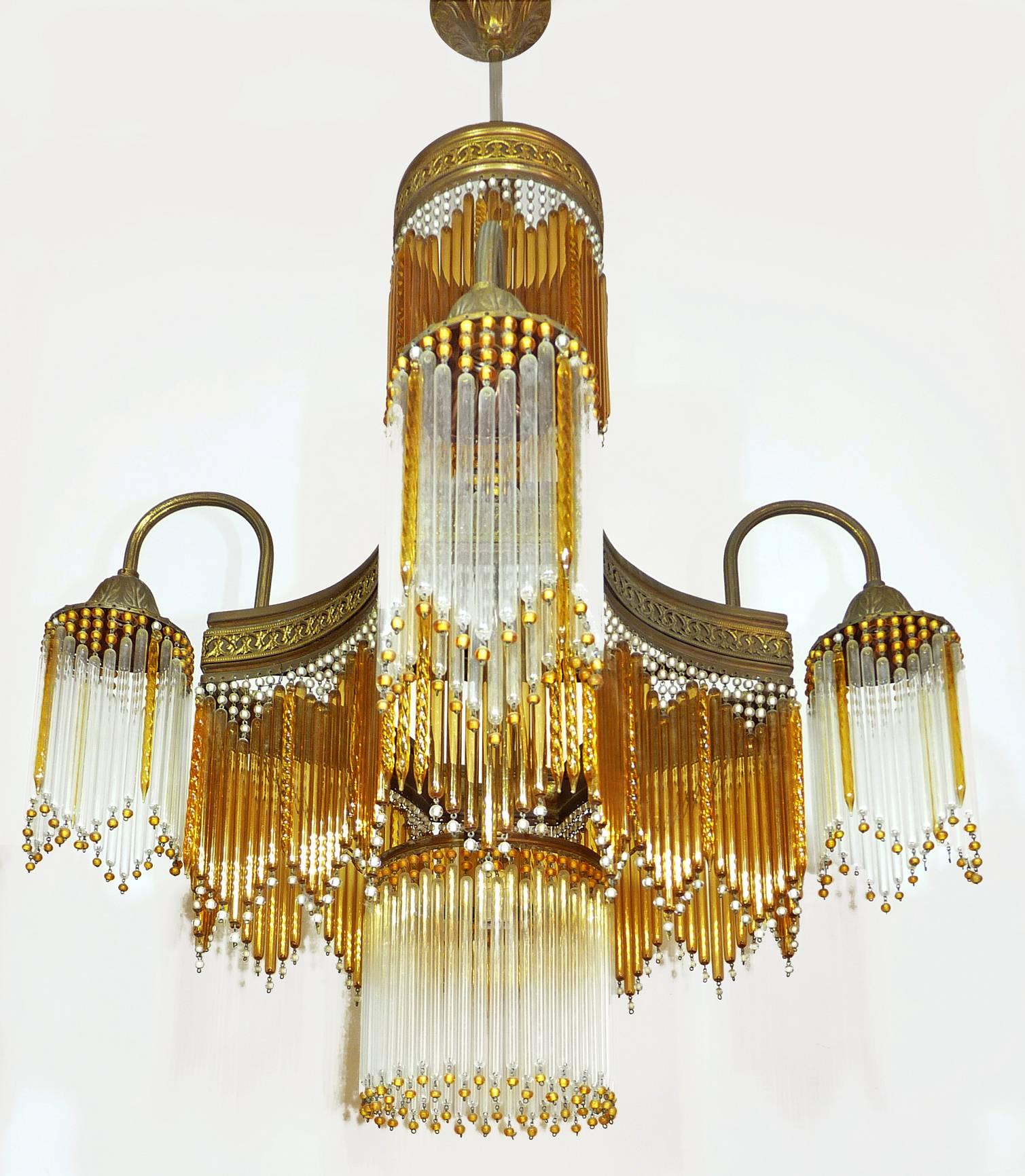 20th Century Art Deco & Art Nouveau Amber & Clear Beaded Crystal Glass Fringe Gilt Chandelier