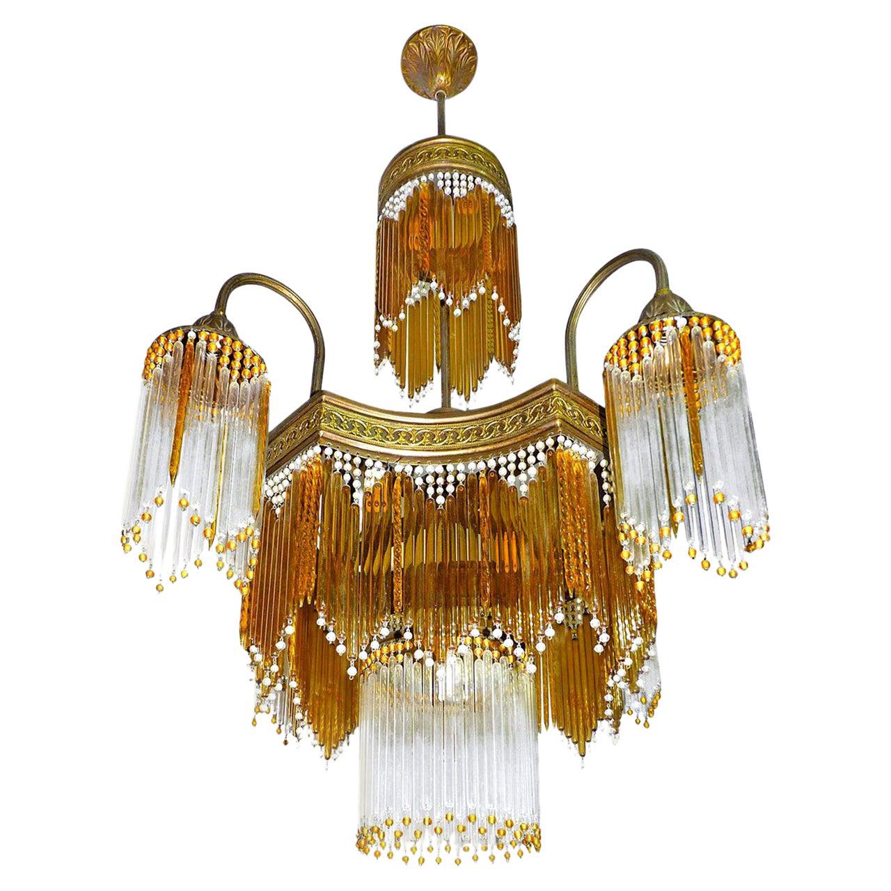 Art Deco & Art Nouveau Amber & Clear Beaded Crystal Glass Fringe Gilt Chandelier
