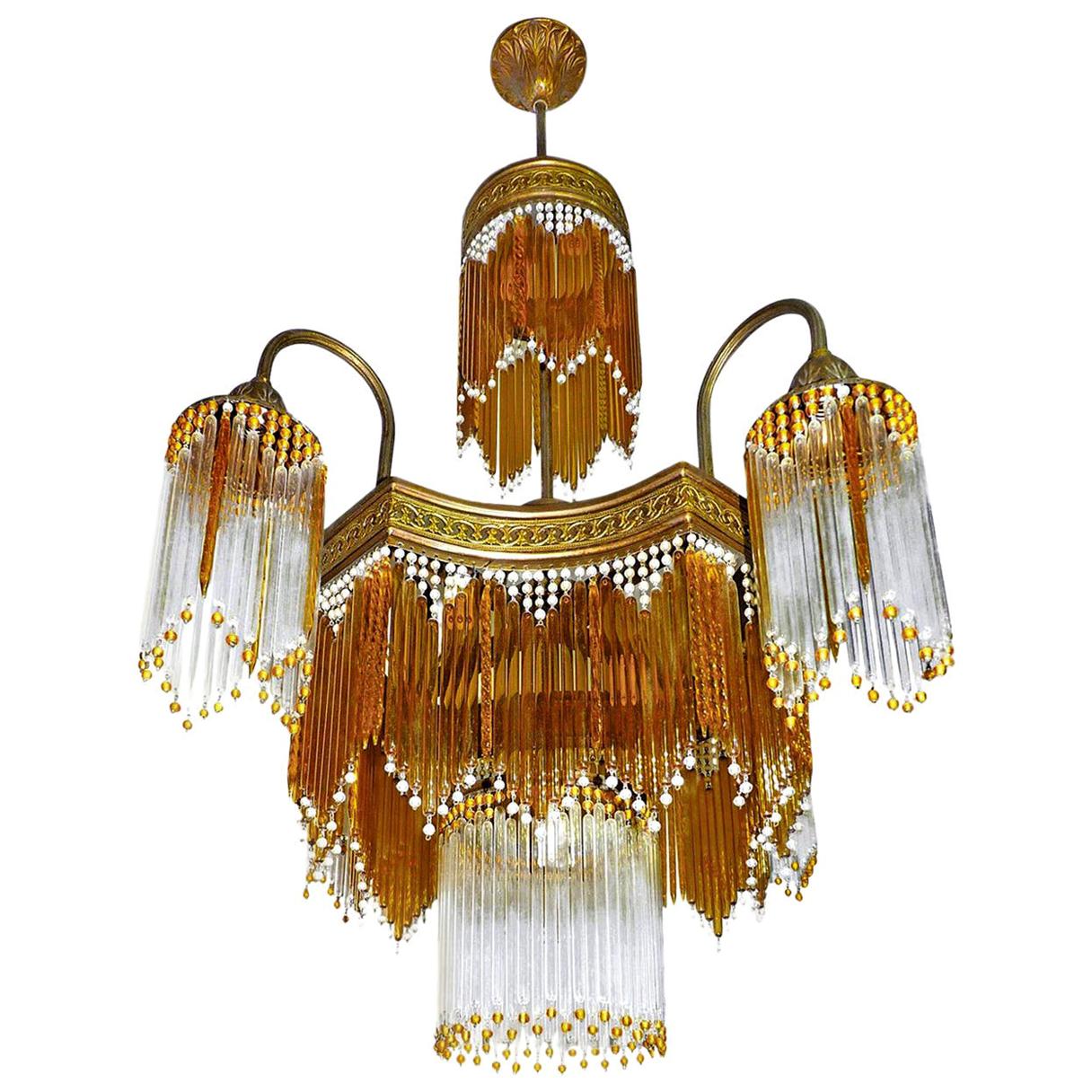Italian  Murano Art Deco Art Nouveau Amber Beaded Crystal Fringe Gilt Chandelier