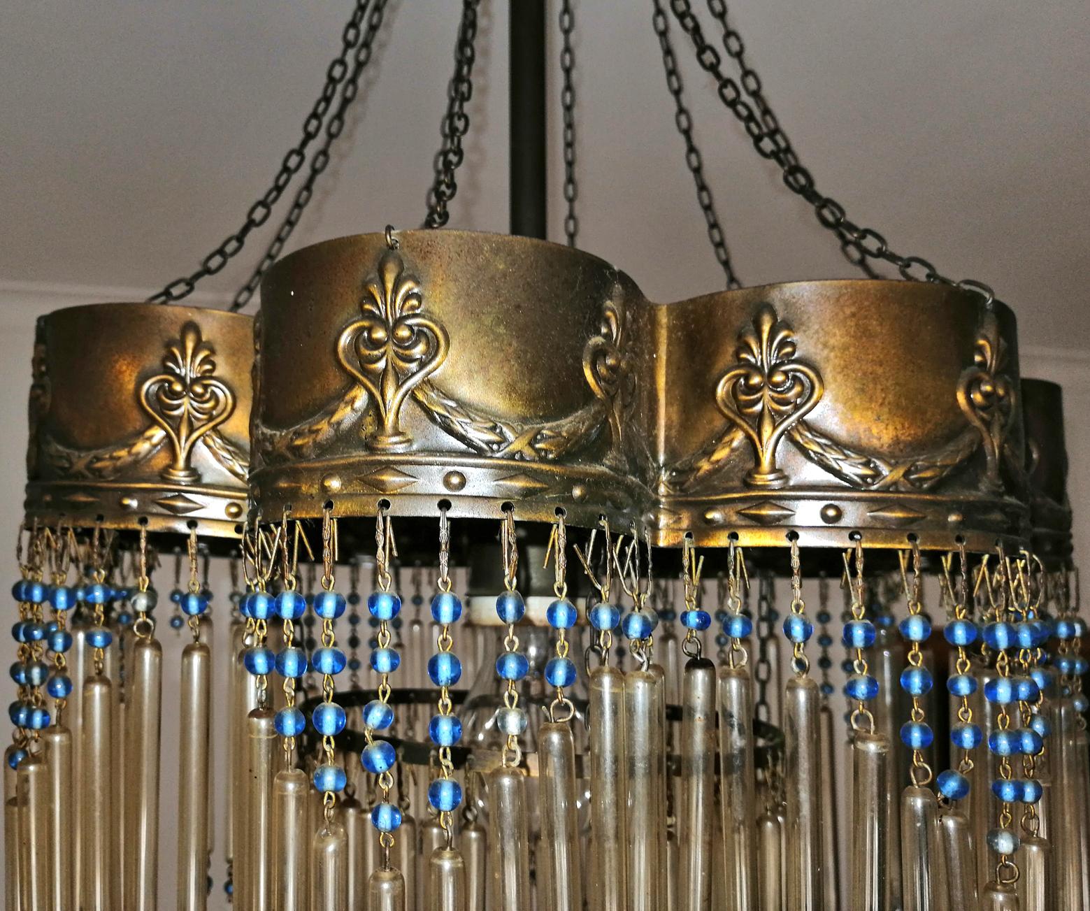 Art Deco Art Nouveau Amber Glass Fringe Blue Beads Hollywood Regency Chandelier In Excellent Condition In Coimbra, PT
