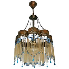 Art Deco Art Nouveau Amber Glass Fringe Blue Beads Hollywood Regency Chandelier