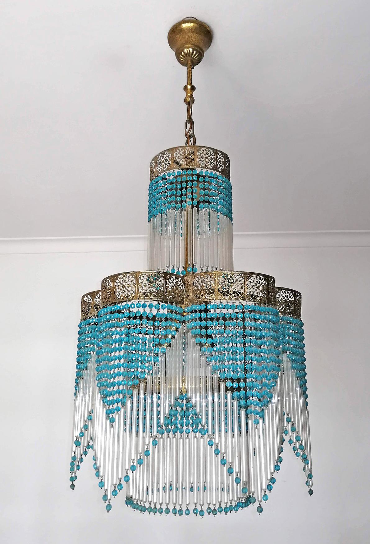 Italian Art Deco Art Nouveau Blue Beads Glass Fringe Hollywood Regency Gilt Chandelier