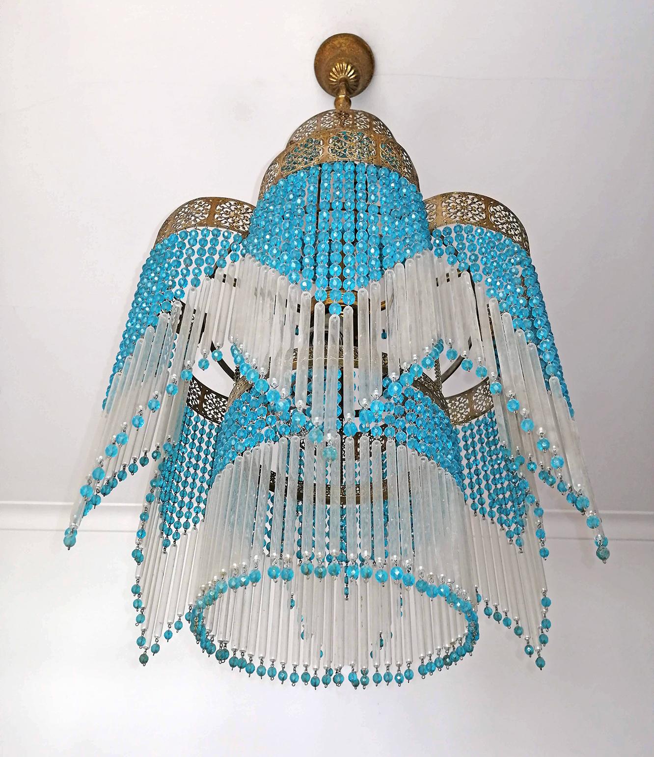 Art Deco Art Nouveau Blue Beads Glass Fringe Hollywood Regency Gilt Chandelier In Fair Condition In Coimbra, PT