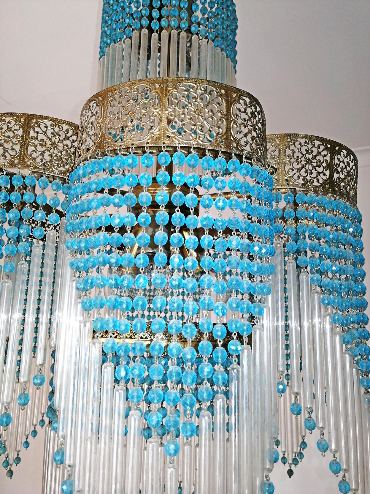 20th Century Art Deco Art Nouveau Blue Beads Glass Fringe Hollywood Regency Gilt Chandelier
