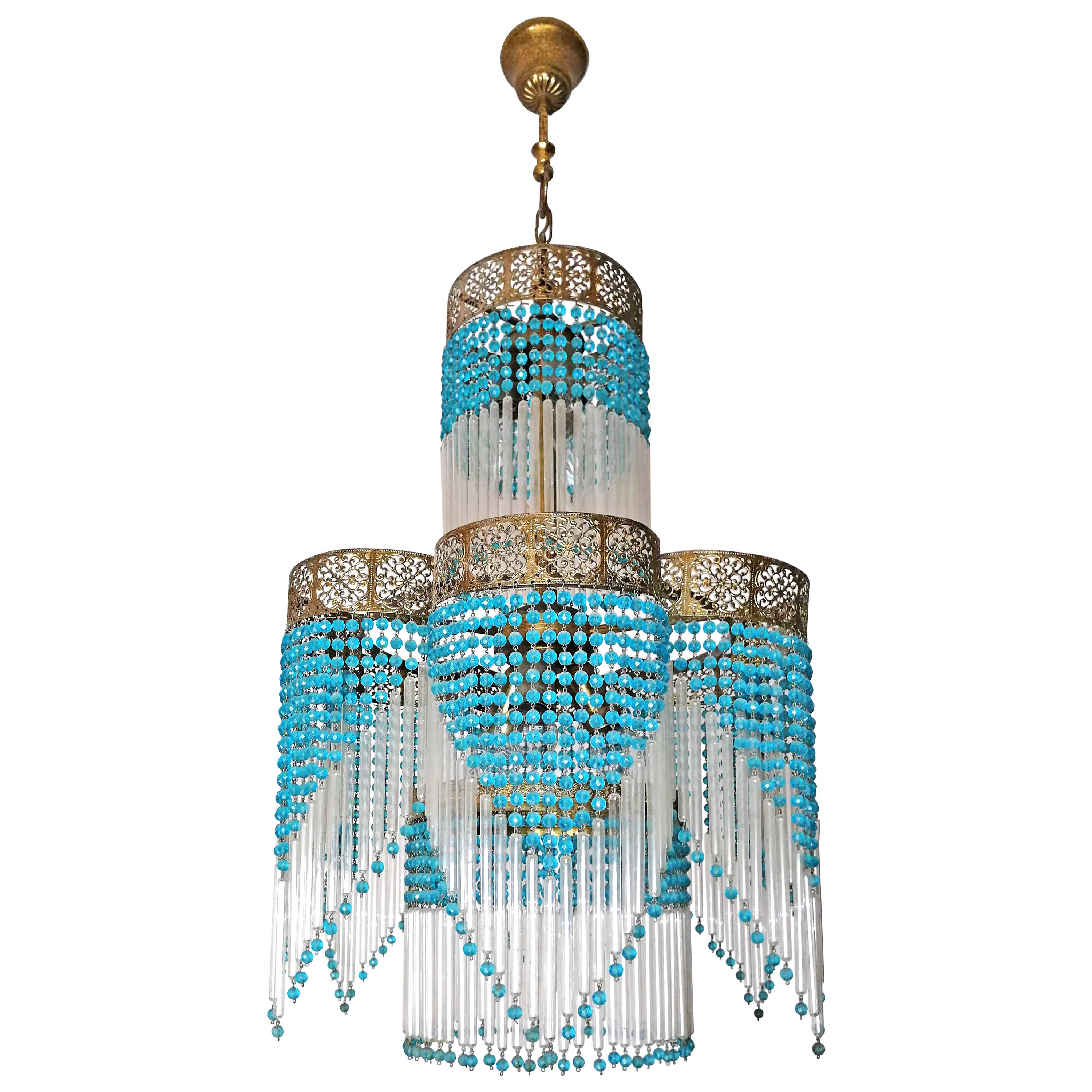 Art Deco Art Nouveau Blue Beads Glass Fringe Hollywood Regency Gilt Chandelier