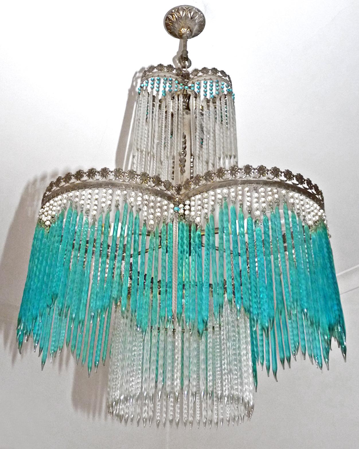 Italian Art Deco Art Nouveau Blue Crystal Glass Bead Fringe Hollywood Regency Chandelier