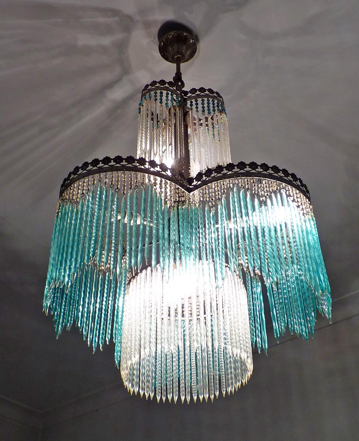 20th Century Art Deco Art Nouveau Blue Crystal Glass Bead Fringe Hollywood Regency Chandelier