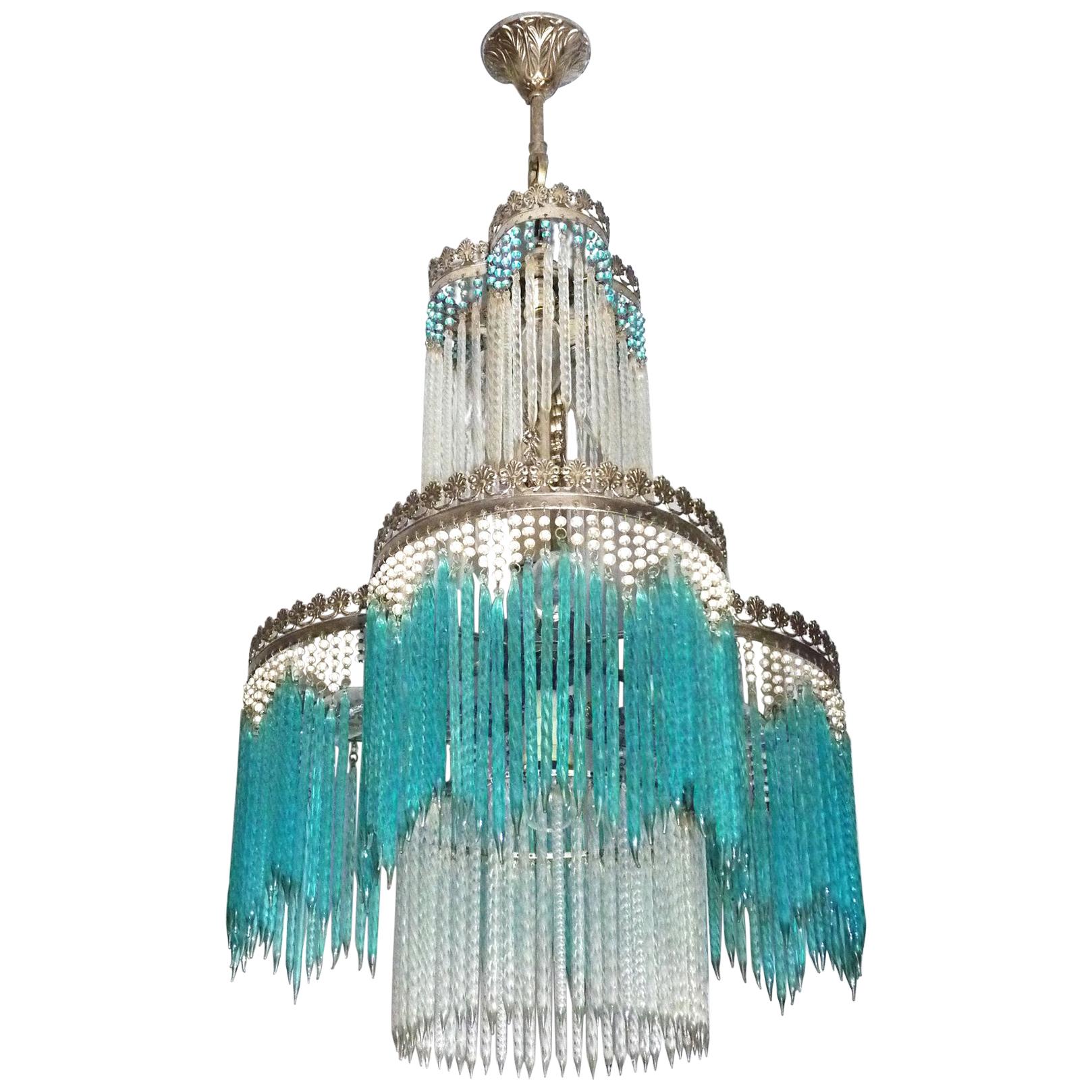 Art Deco Art Nouveau Blue Crystal Glass Bead Fringe Hollywood Regency Chandelier