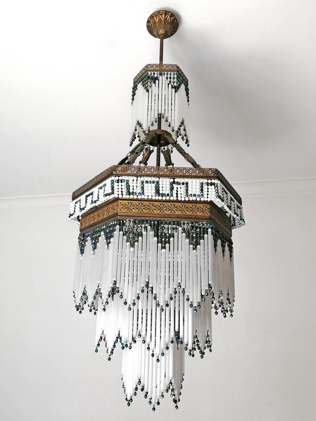 Art Deco & Art Nouveau Blue Multi-Color Beaded & Glass Straw, 9-Light Chandelier In Good Condition In Coimbra, PT