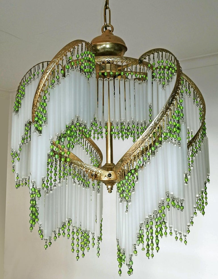 French Art Deco & Art Nouveau Crystal Glass Fringe Hollywood Regency Gilt Chandelier