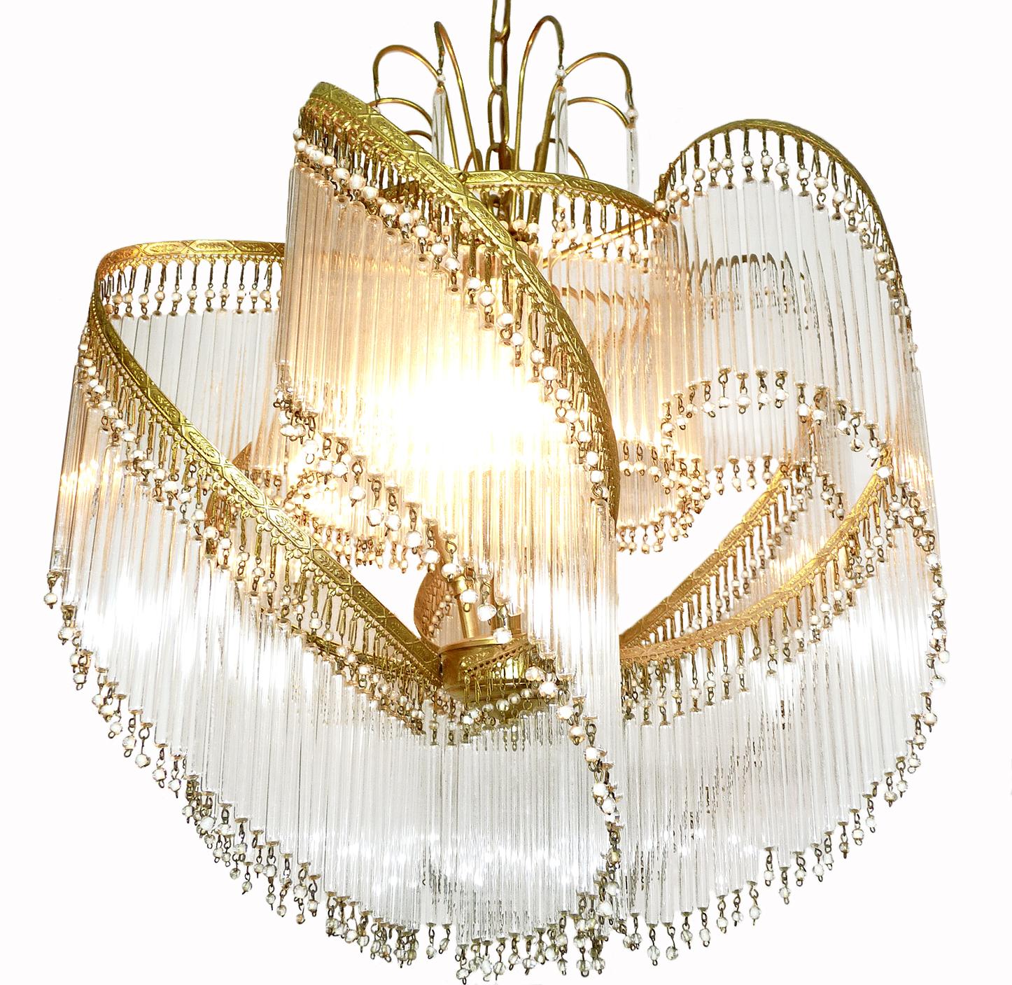 French Art Deco and Art Nouveau Crystal Glass Fringe Hollywood Regency Gilt Chandelier