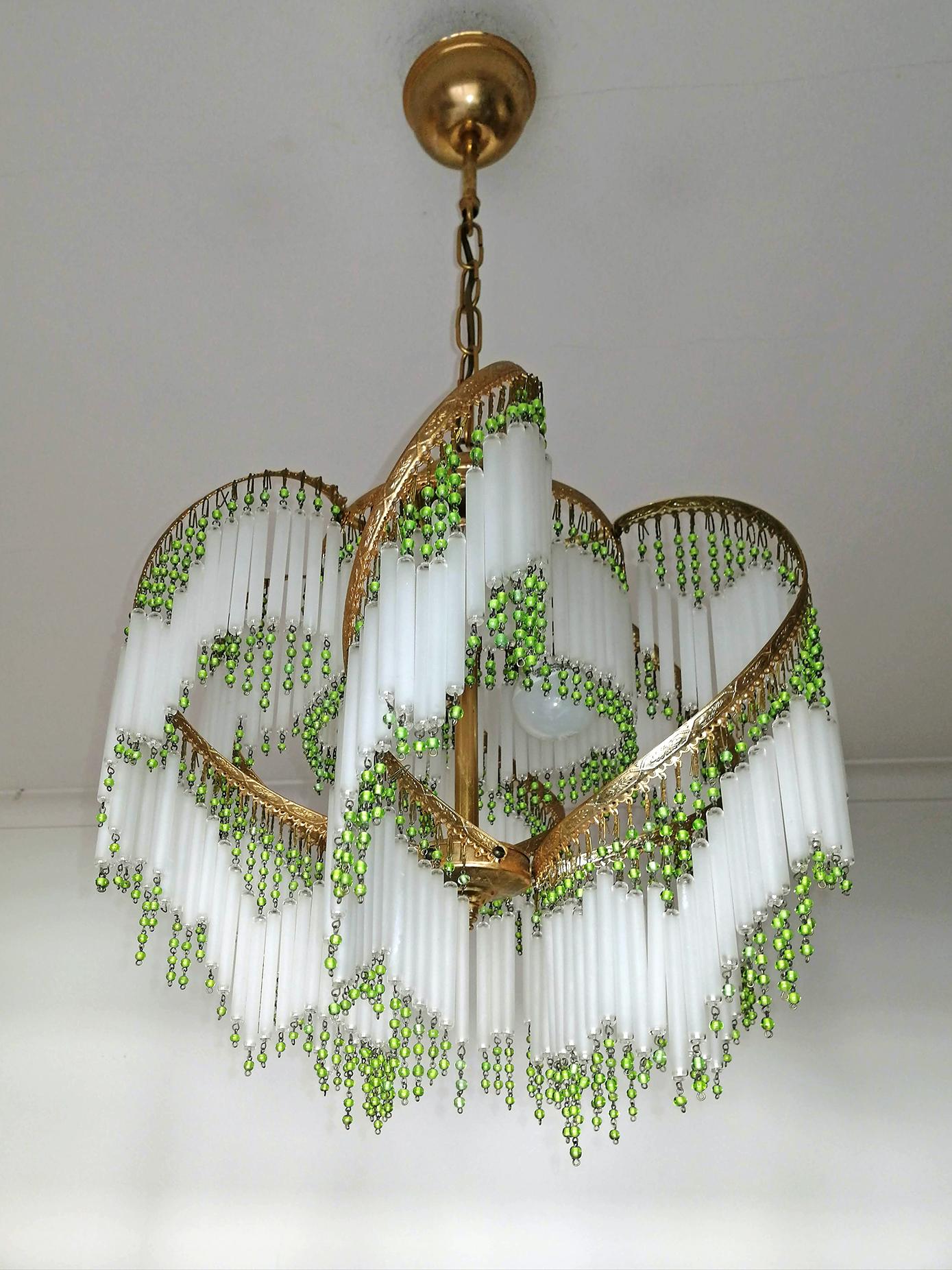French Art Deco & Art Nouveau Crystal Glass Fringe Hollywood Regency Gilt Chandelier