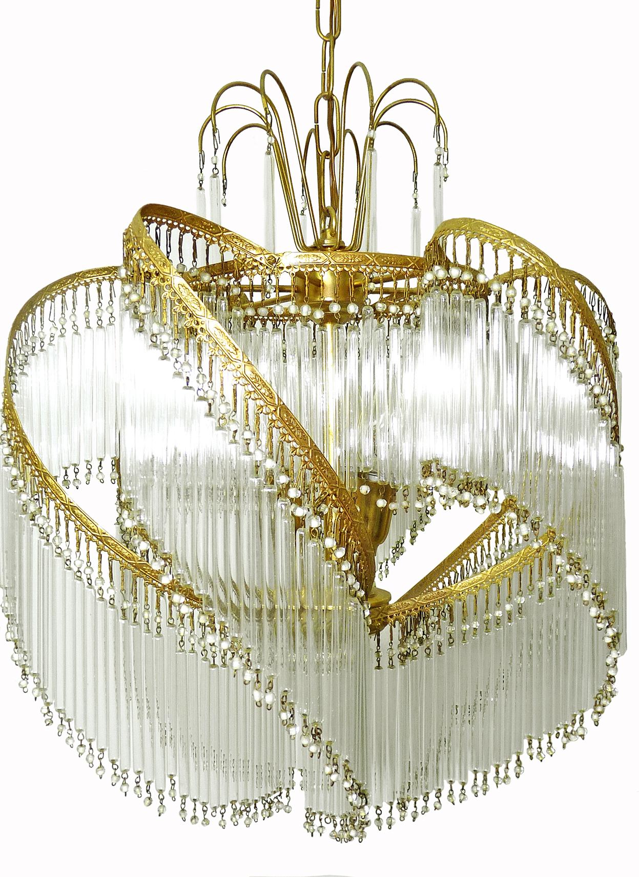 Beaded Art Deco and Art Nouveau Crystal Glass Fringe Hollywood Regency Gilt Chandelier