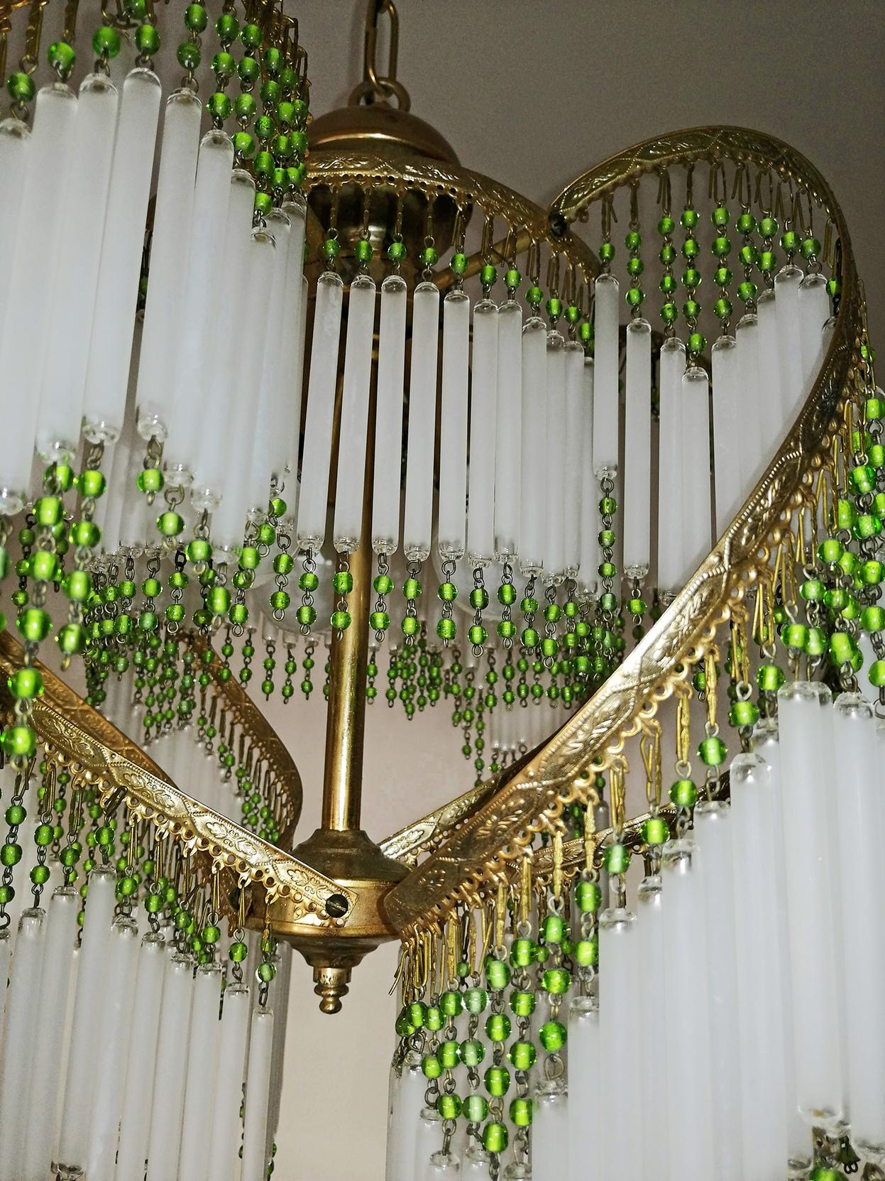 Beaded Art Deco & Art Nouveau Crystal Glass Fringe Hollywood Regency Gilt Chandelier