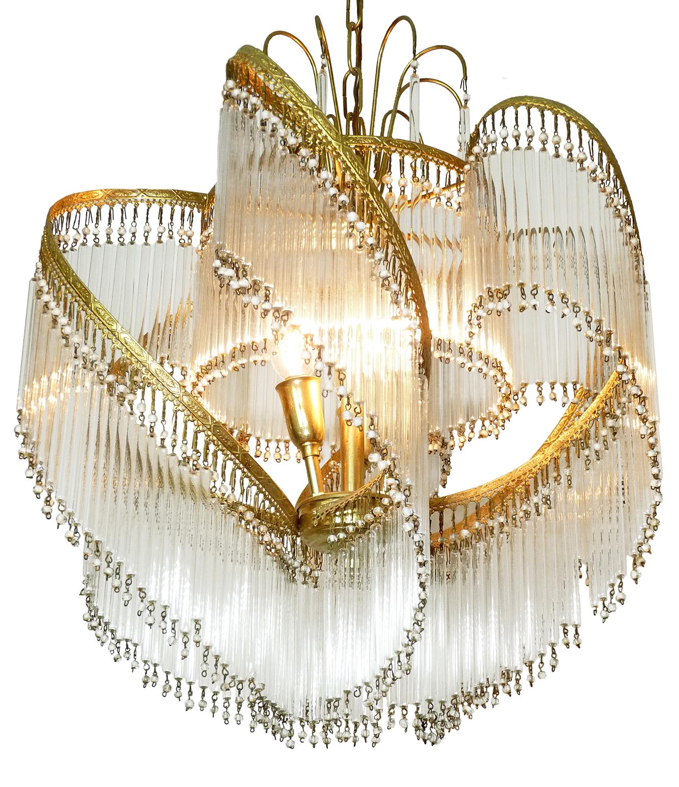 Art Deco and Art Nouveau Crystal Glass Fringe Hollywood Regency Gilt Chandelier In Good Condition In Coimbra, PT