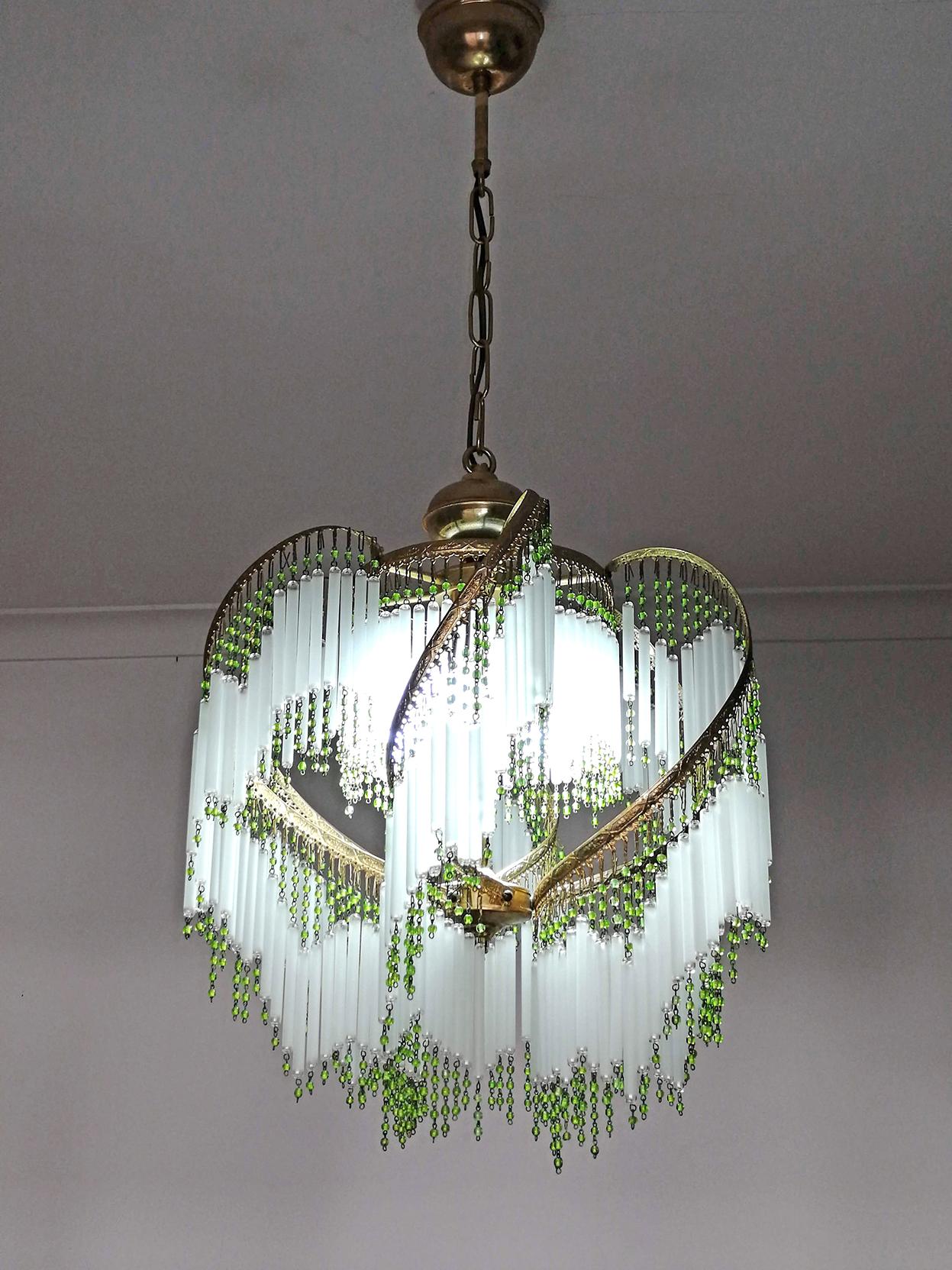20th Century Art Deco & Art Nouveau Crystal Glass Fringe Hollywood Regency Gilt Chandelier