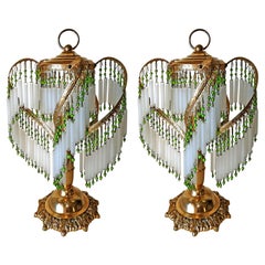 Art Deco and Art Nouveau Crystal Glass Fringe Hollywood Regency Gilt Table Lamps