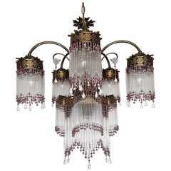 Antique Art Deco & Art Nouveau Dark Pink Beaded & Clear Glass Straw, 6-Light Chandelier