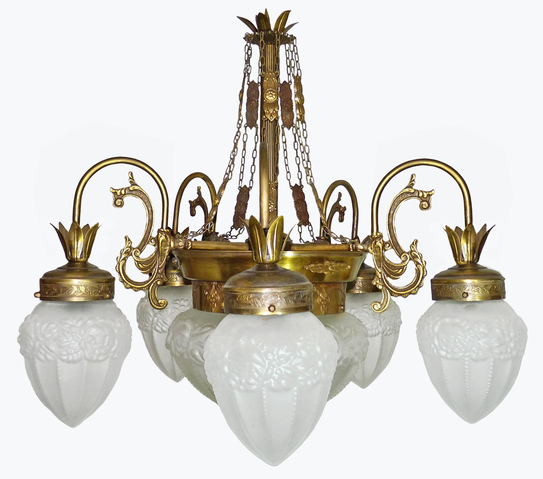 French Art Deco Art Nouveau Gold and Bronze Color, Glass Degué Style Chandelier