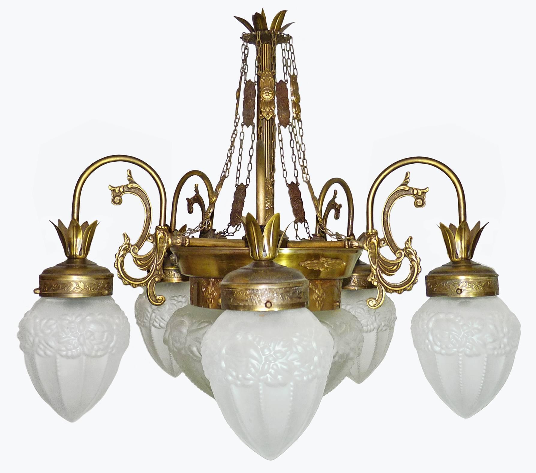 Art Decó Art Nouveau Lámpara de Cristal Estilo Degué Color Oro y Bronce Francés en venta